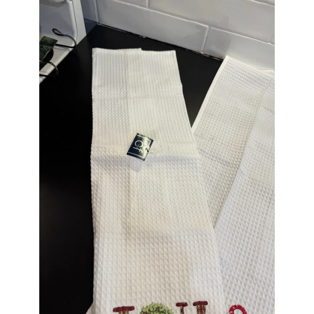 2 Cotton‎ Hand Towel Christmas Embroidered Joy Wreath & Candy Cain Holly Waffle